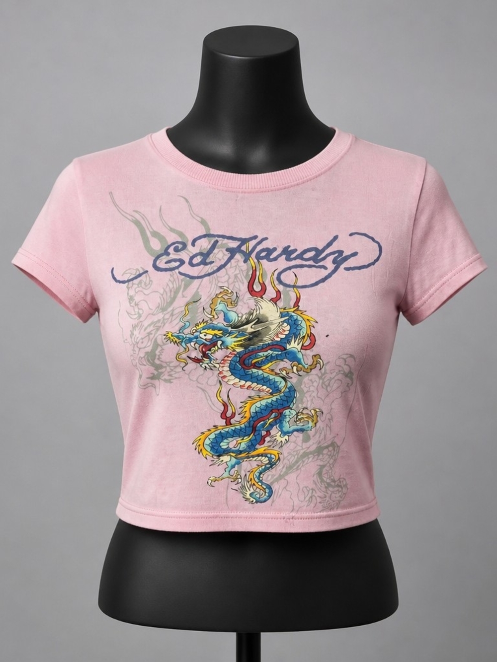 Ed Hardy Women's Bubble Gum Dragon Graphic Y2K 90's Grunge Crop Top Size L